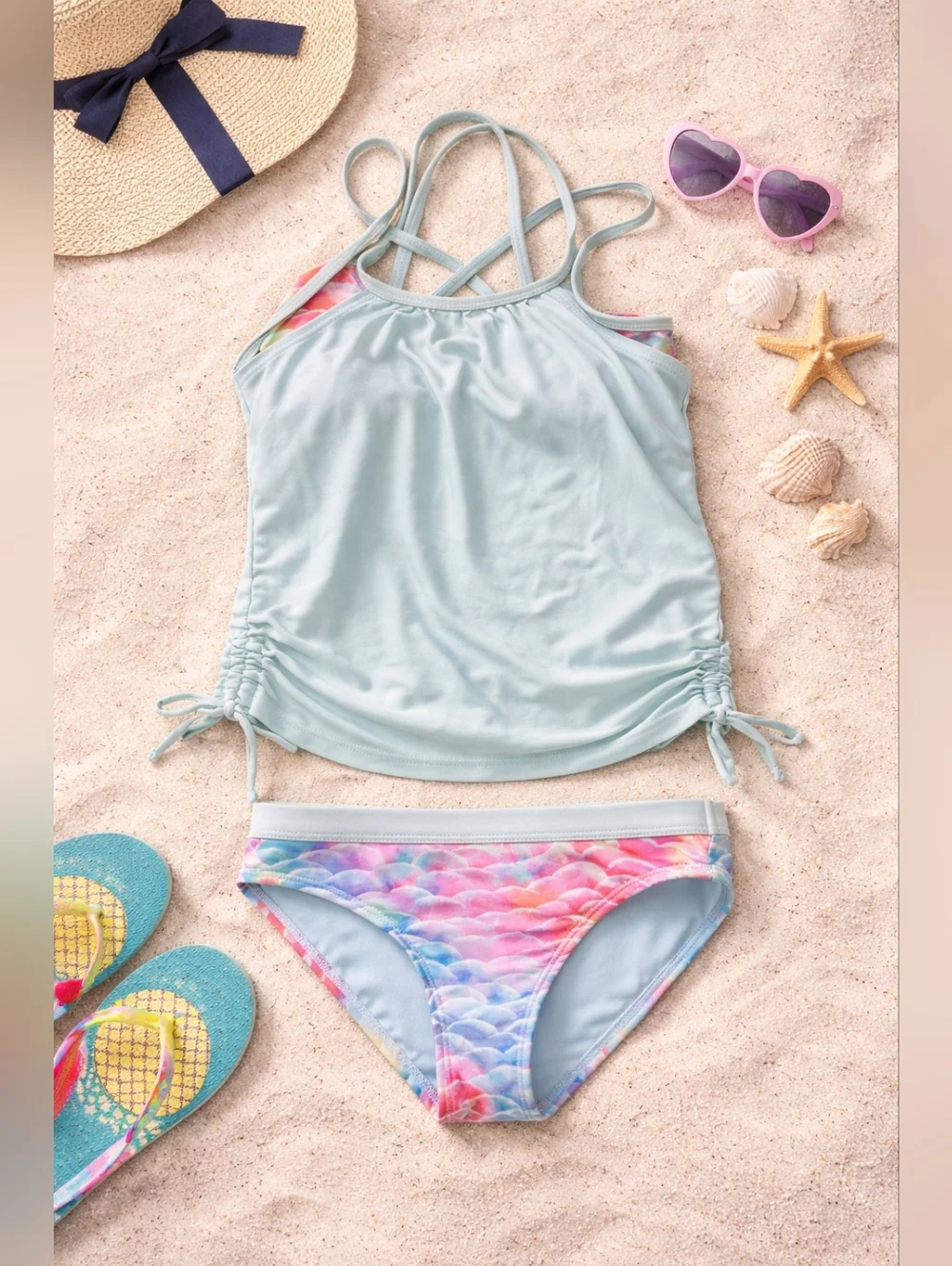 Wonder Nation Girls Tankini Swimsuit 2PC Blue Mermaid Scale XS 4-5 Modest Ruched
